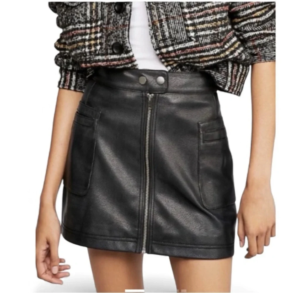Free People Vegan Leather Black A-Line Zip Front Mini Skirt